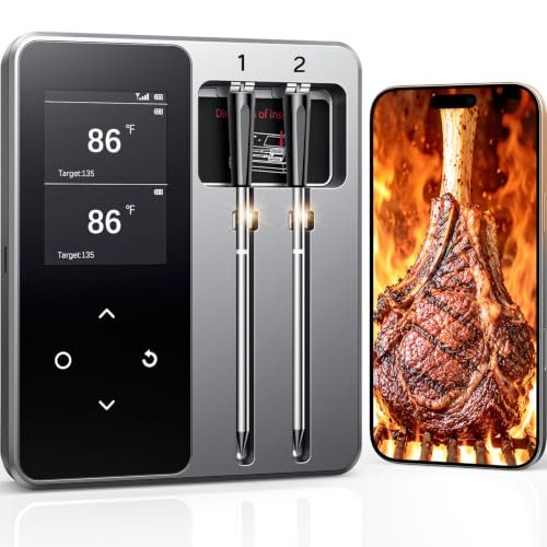 Smart Bluetooth Wireless Meat Thermometer Digital, 6 Sensors ±0.5°F,0.5S Instant Read, Large Display Standalone Base, APP Custom Menu & Real-Time Alert, 2 Ultra-Thin Probes for BBQ,Grill, Smoker,Oven