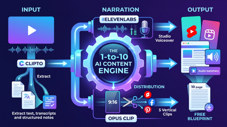 The 1-to-10 AI Content Engine: How to Turn 1 Video into 10 Assets in 30 Minutes (Clipto + ElevenLabs + Opus Clip)
